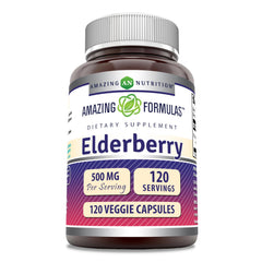 Bottle of Amazing Formulas Elderberry Supplement on a white background