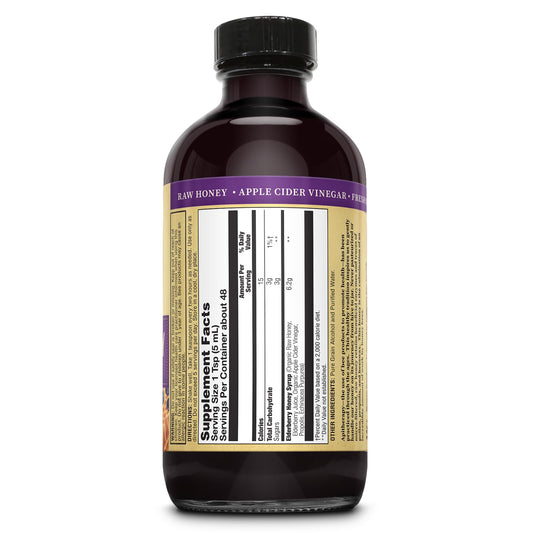 Close-up of elderberry syrup bottle