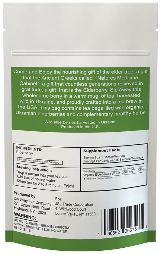 Front packaging of Elderberry Tea 30 Count showing USA-made claim