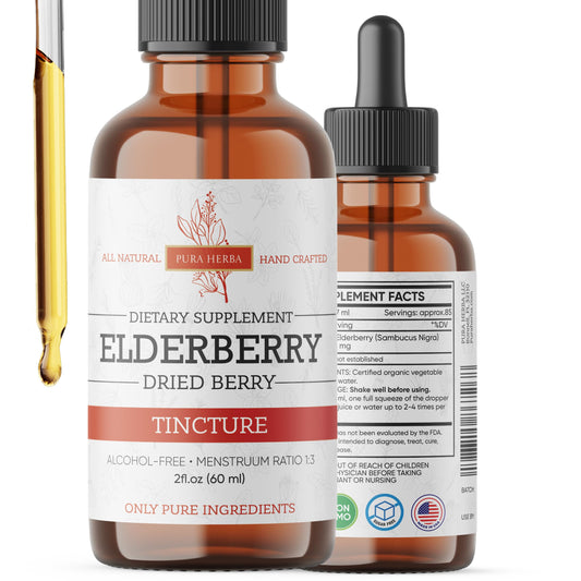 Amber glass bottle of elderberry tincture