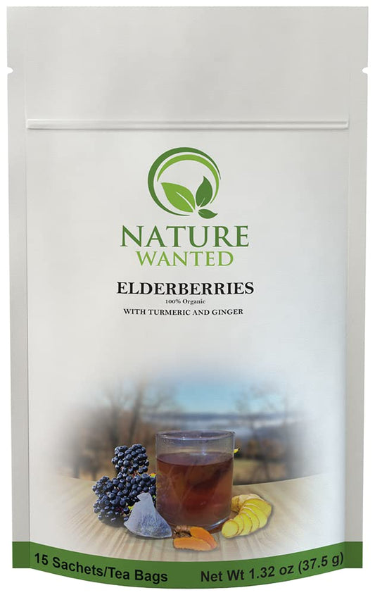 Front view of Elderberry Turmeric Ginger Tea packaging