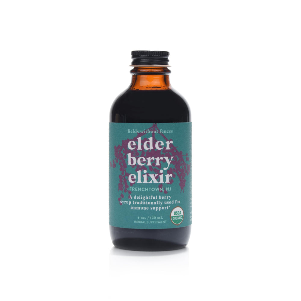 Fields Without Fences Elderberry Elixir bottle on kitchen counter for immune support