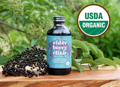 Refrigerate after opening label on elderberry elixir bottle