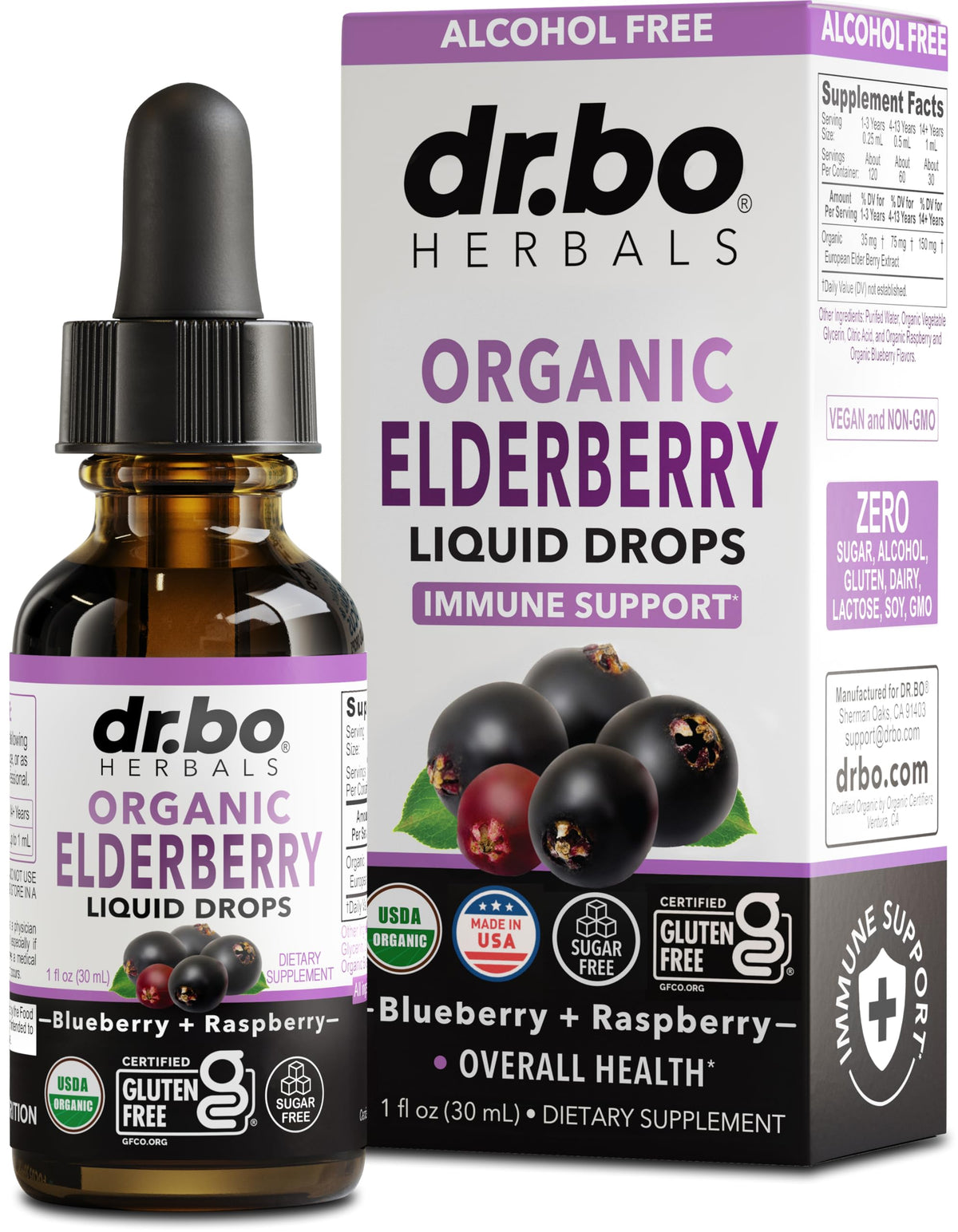 Bottle of organic elderberry syrup liquid drops with dropper
