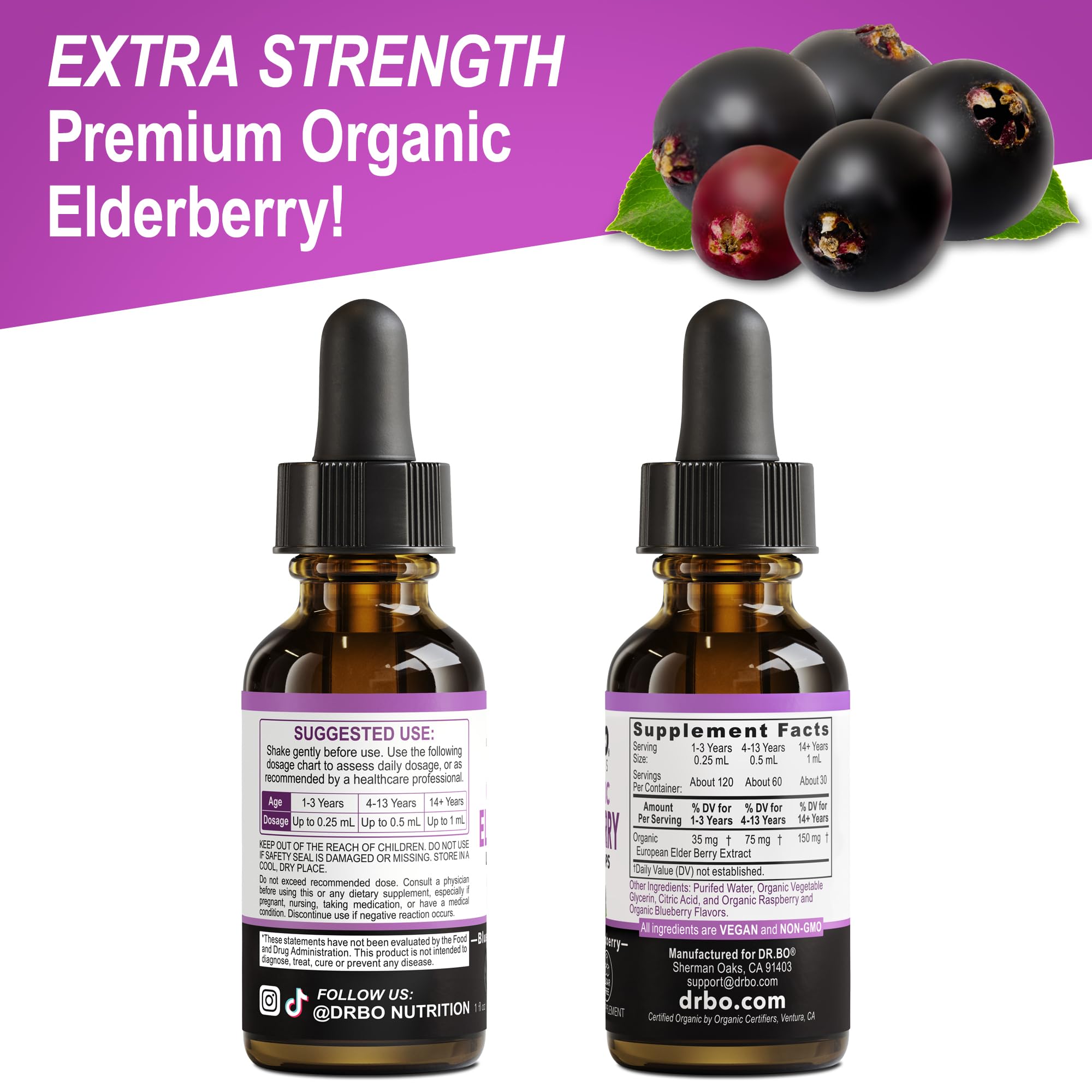 Box and bottle of organic elderberry syrup with product information