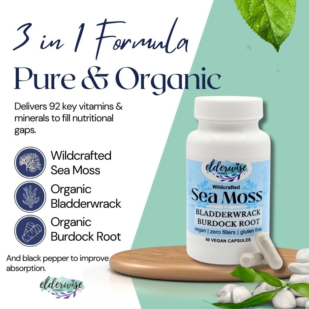 Ingredients include Bladderwrack and Burdock Root in vegan capsules