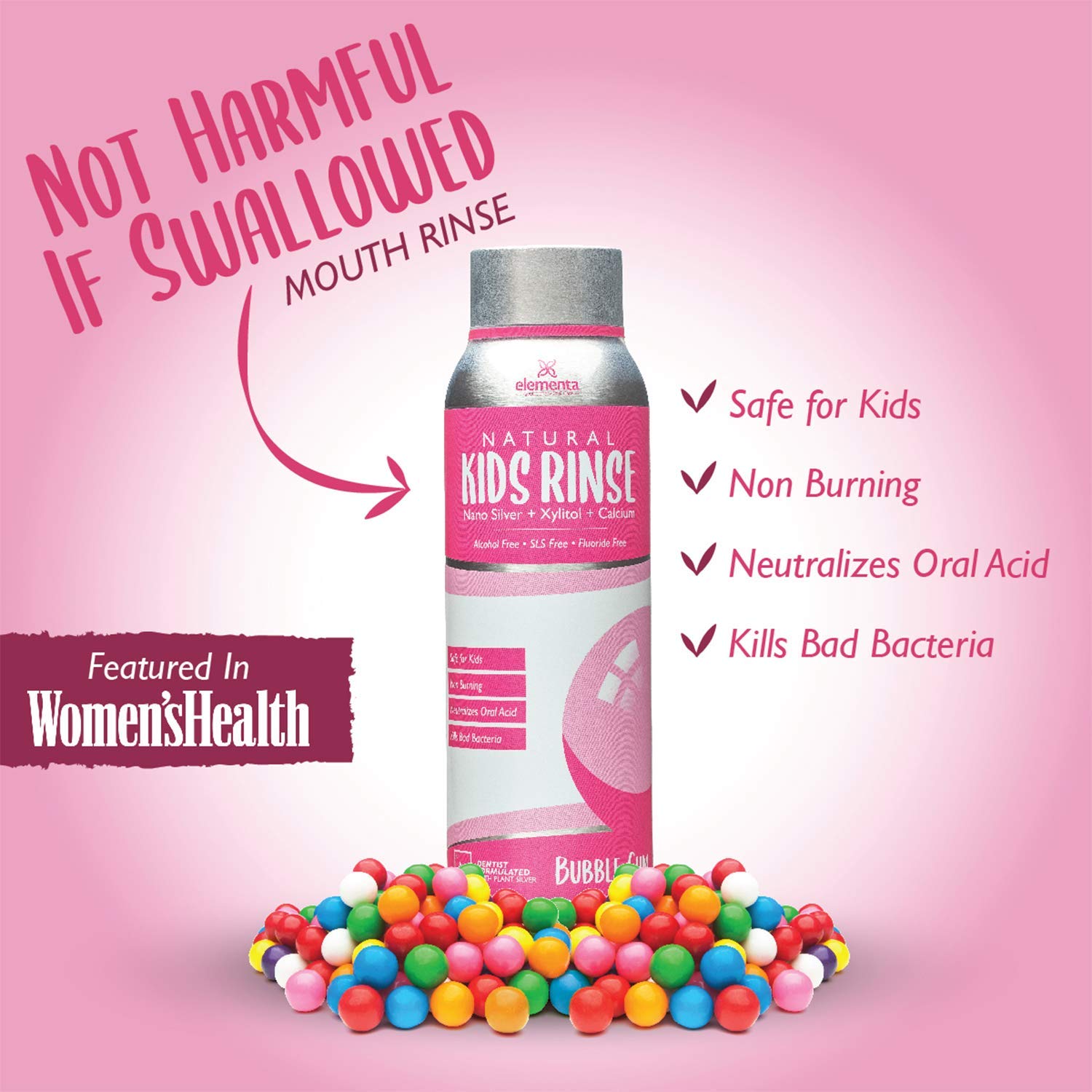20 oz bottle of Elementa Essentials Kids Mouthwash Bubble Gum