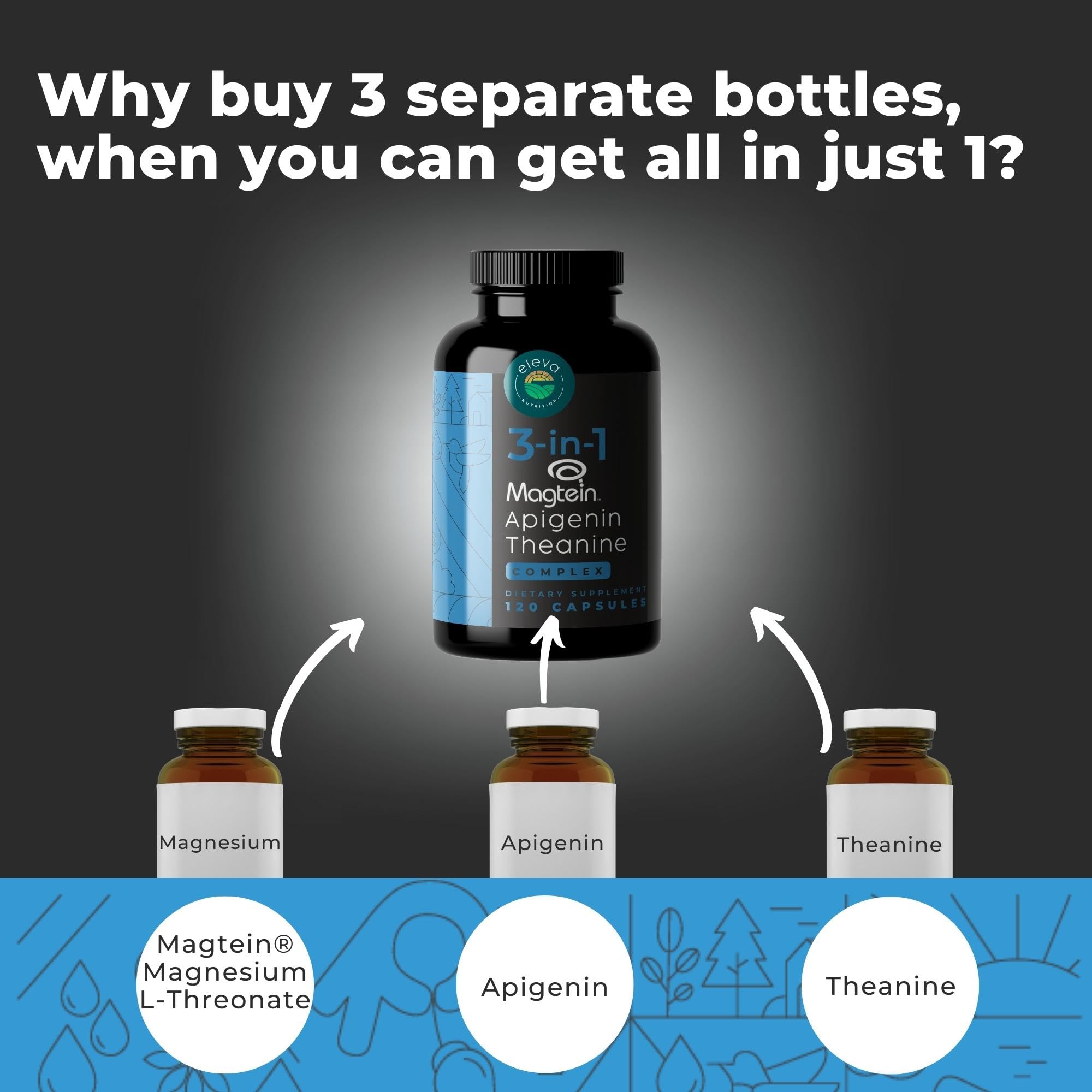 Eleva Nutrition ingredients close-up highlighting Apigenin, Magtein L-Threonate, and L-Theanine for calm.