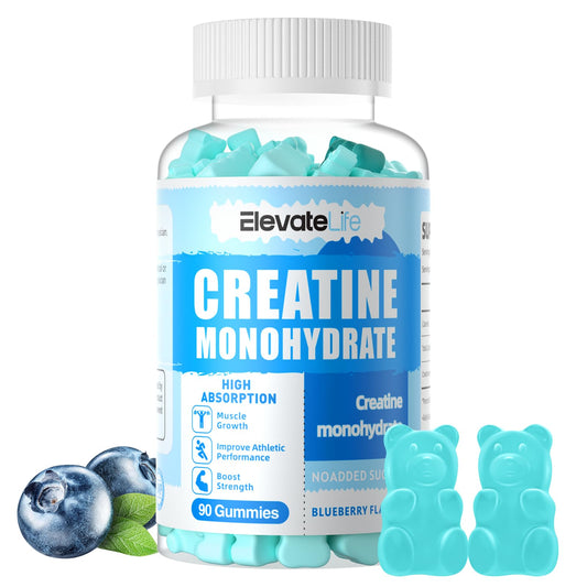Bottle of ElevateLife Creatine Monohydrate Gummies Blueberry flavor
