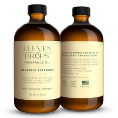 Front view of Eleven Drops Mahogany Teakwood Diffuser Oil 4oz bottle