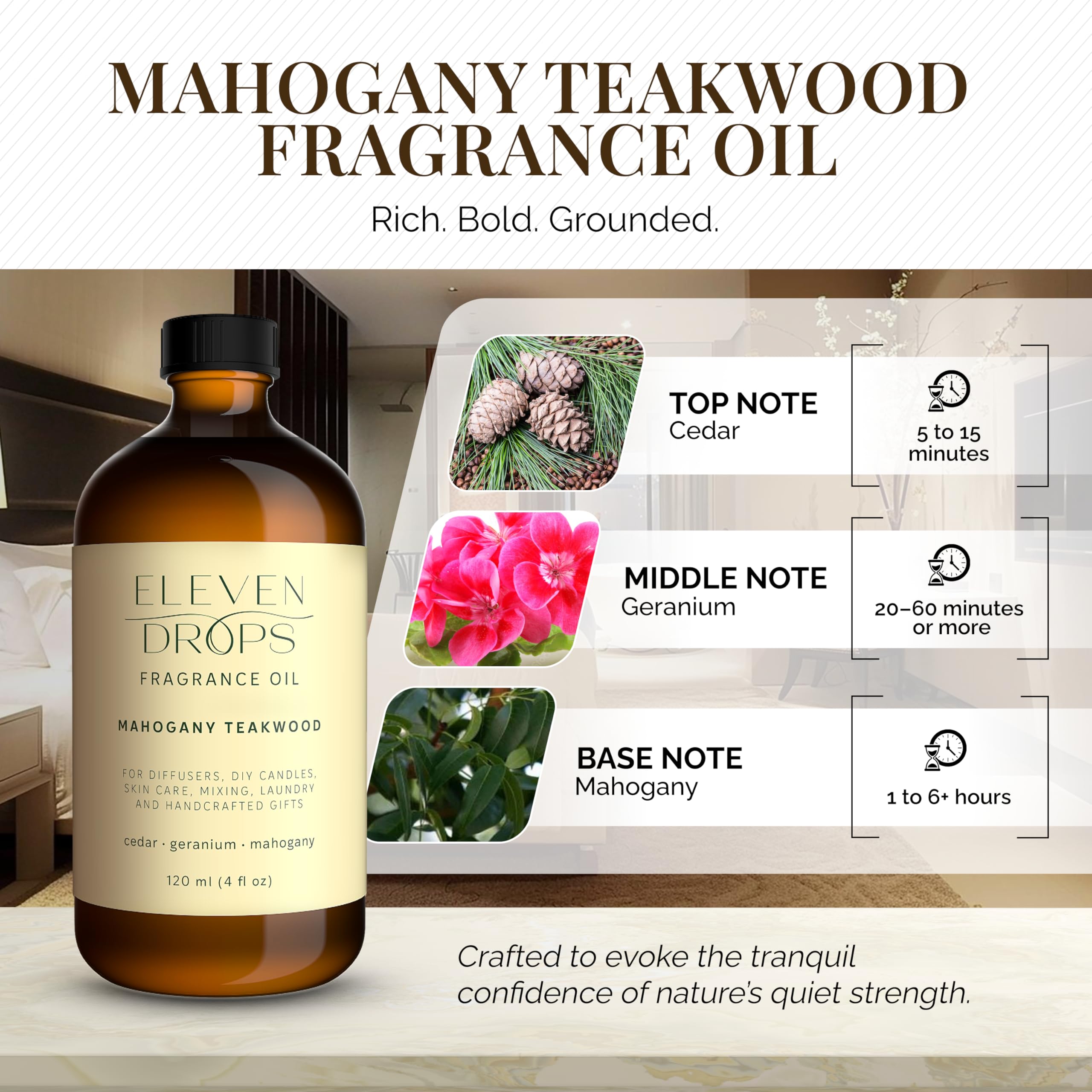 Close-up of Eleven Drops Mahogany Teakwood diffuser oil label