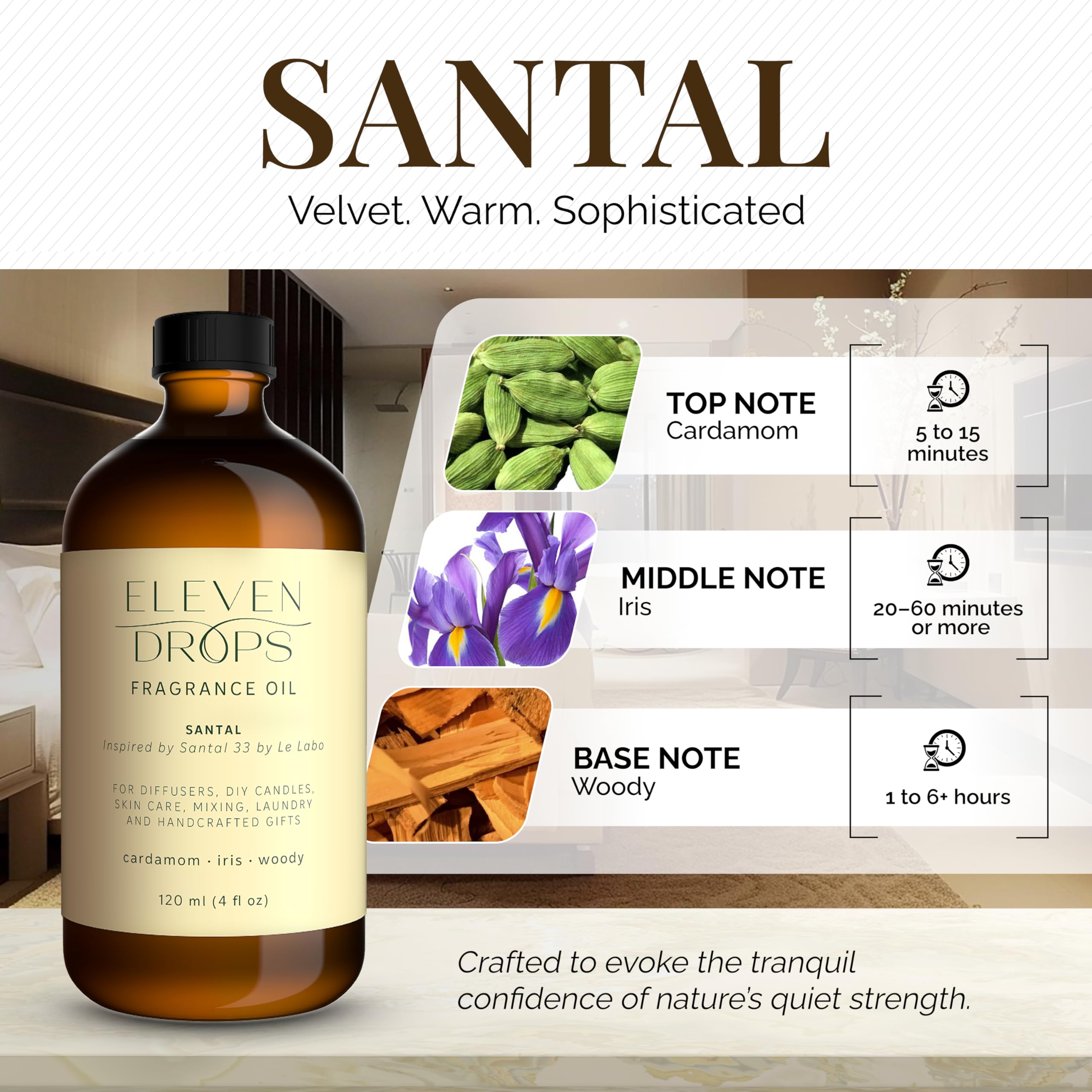 Close-up of Santal aroma oil in amber bottle with label