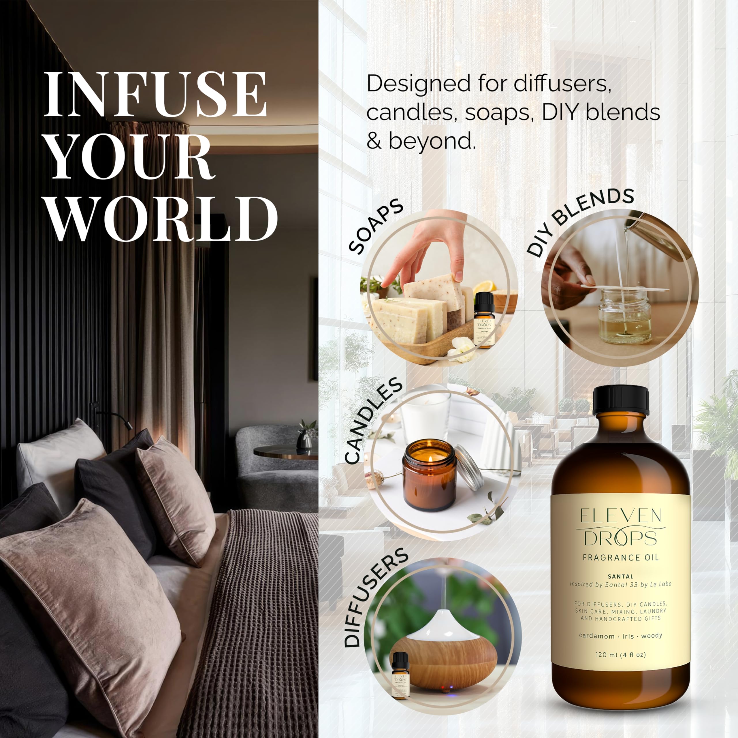 Santal aroma oil shown for diffuser use with reed and ultrasonic diffusers