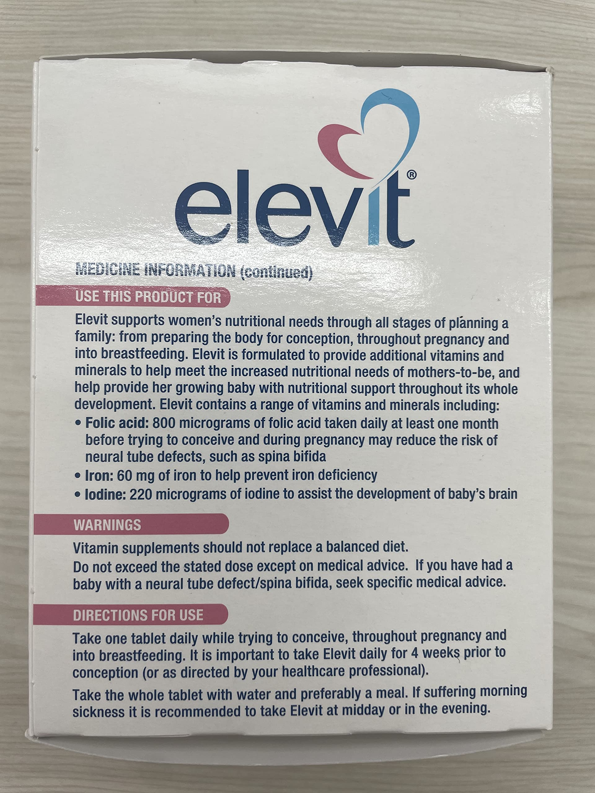 Close-up of Elevit vitamins showing tablet details