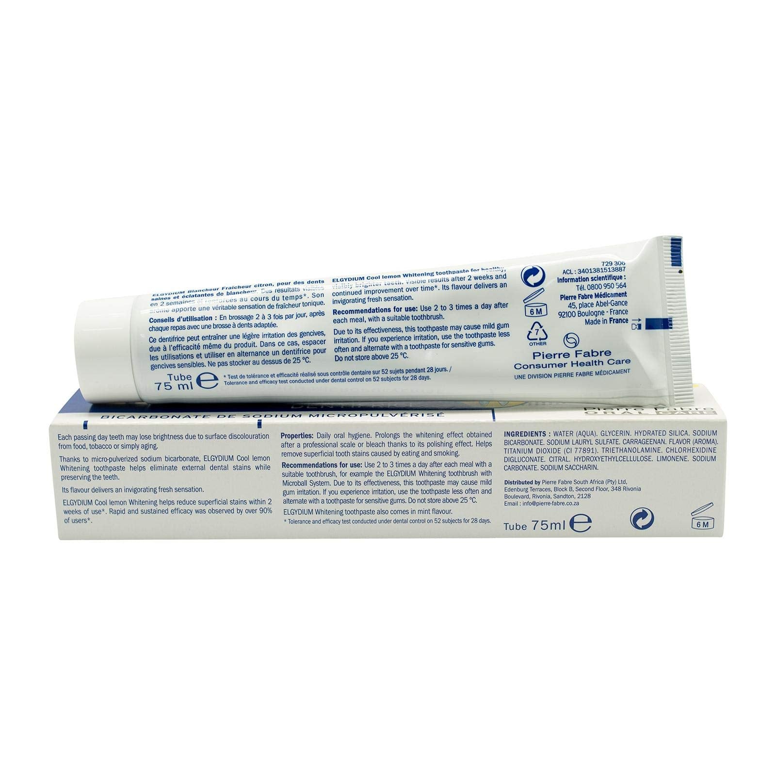 Close-up of whitening toothpaste showing lemon freshness