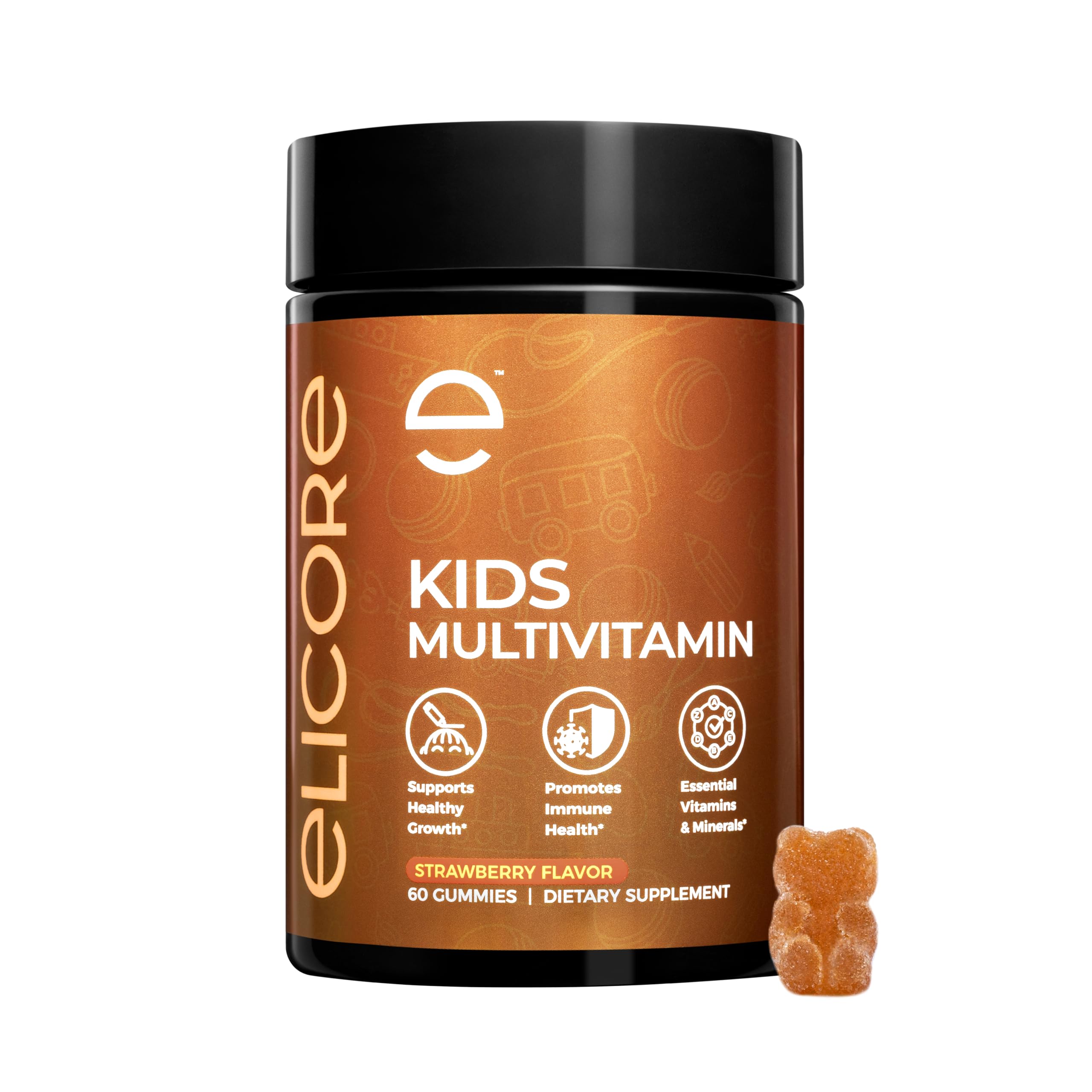 ELICORE Kids Multivitamin Gummies Strawberry flavor bottle and gummies