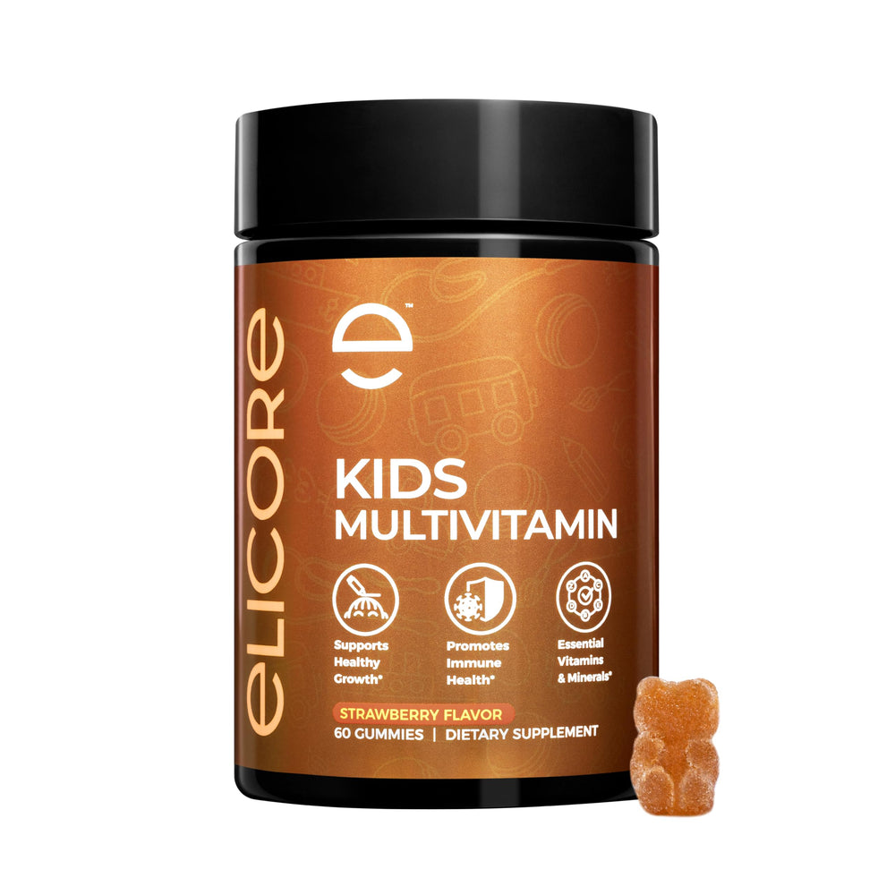ELICORE Kids Multivitamin Gummies Strawberry flavor bottle and gummies