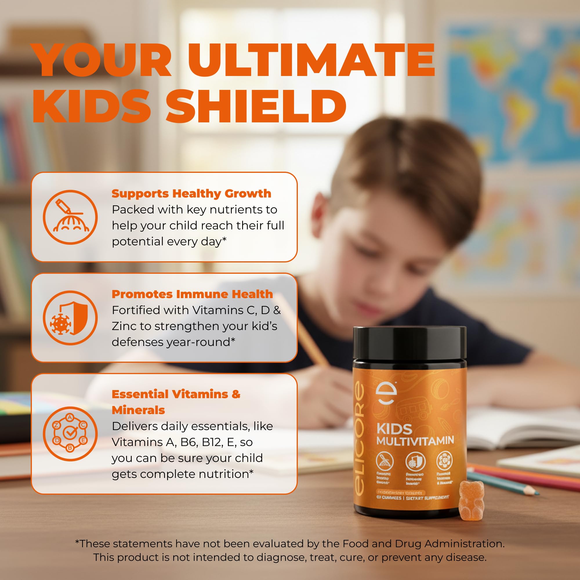 Close-up of ELICORE strawberry-flavored kids vitamin gummies