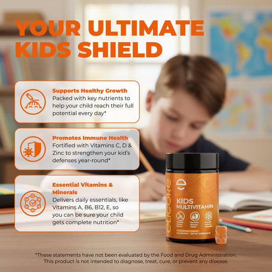 Close-up of ELICORE strawberry-flavored kids vitamin gummies
