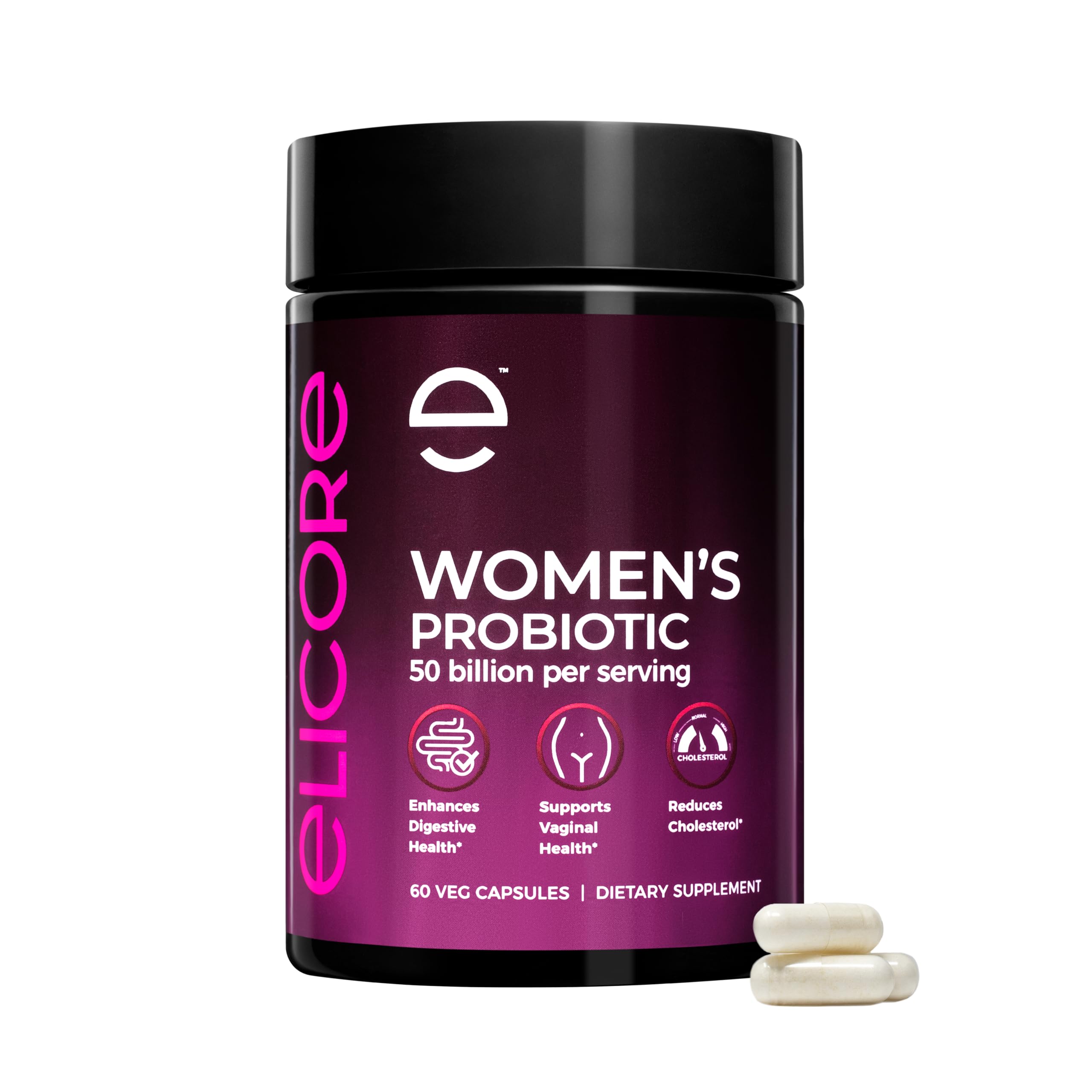 Front view of ELICORE Probiotics for Women bottle with 60 vegan capsules