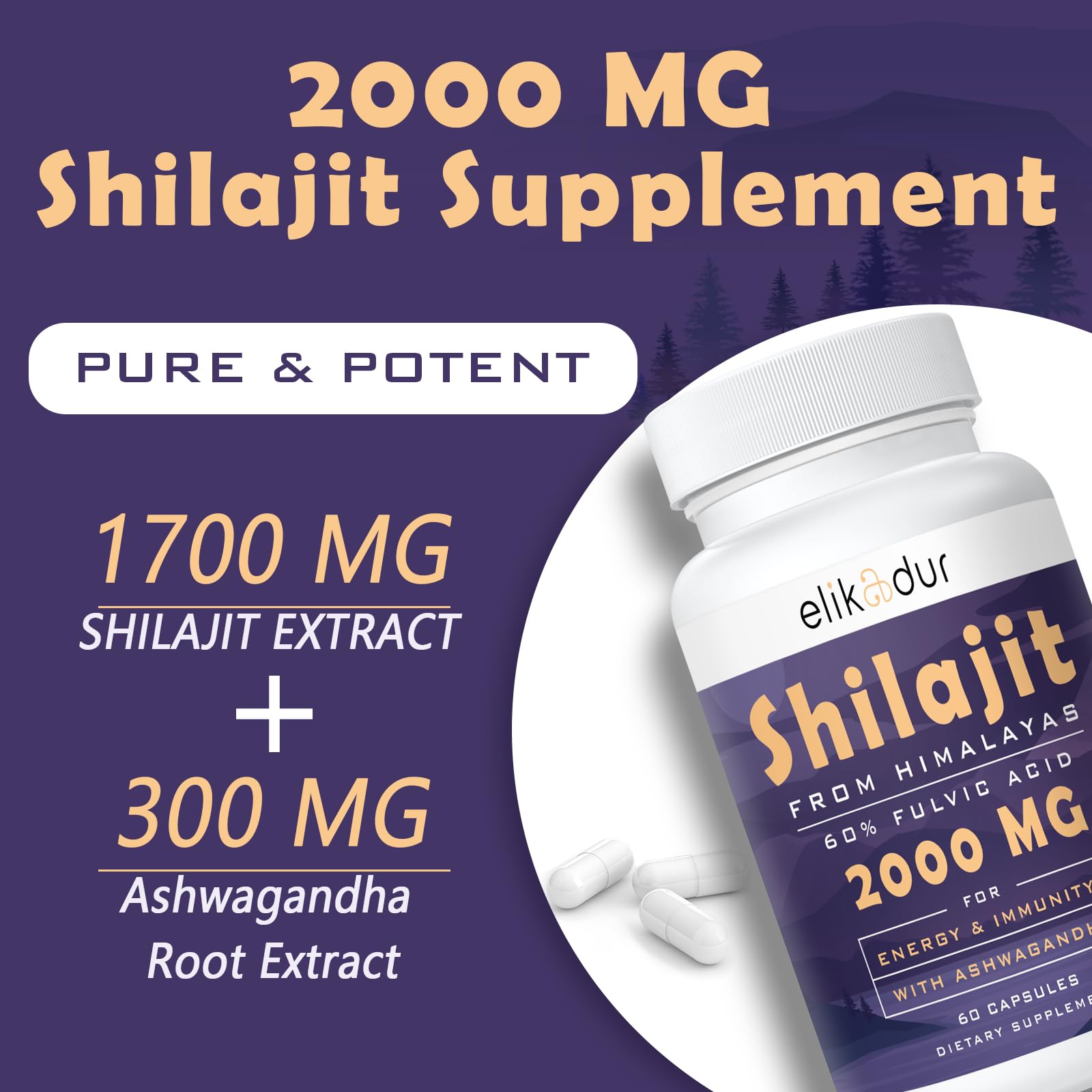 Dietary supplement bottle featuring 2000 mg Shilajit