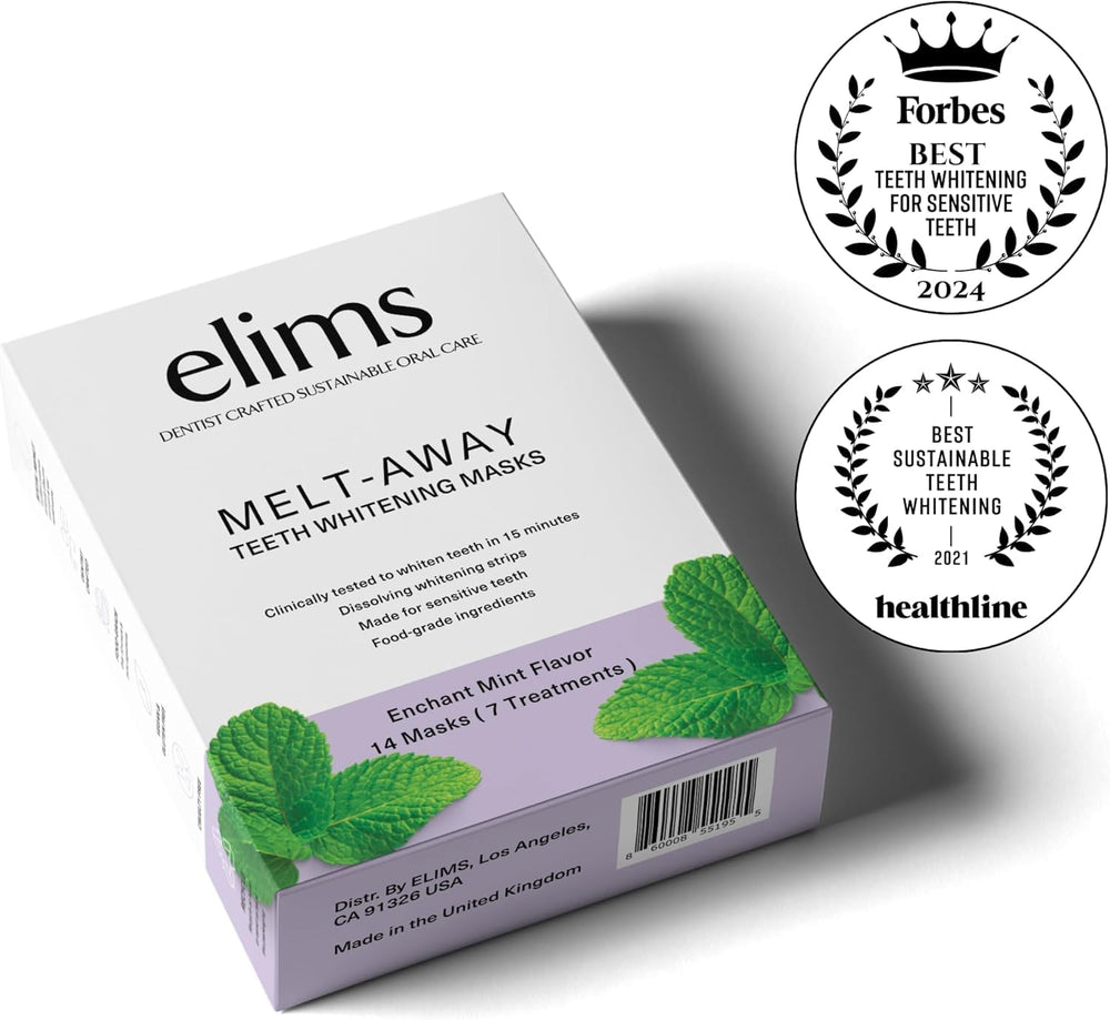 Mint-flavored whitening strip being applied to teeth