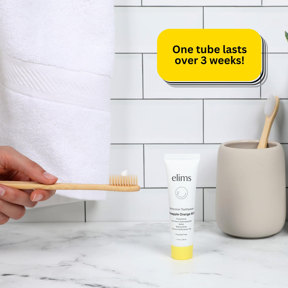 Ingredients and fluoride-free claim image for ELIMS toothpaste
