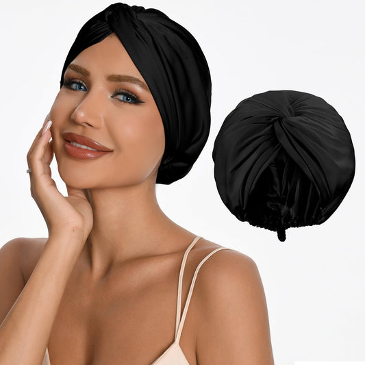 ELIO silk hair bonnet with back-clasp for mark-free overnight wear.