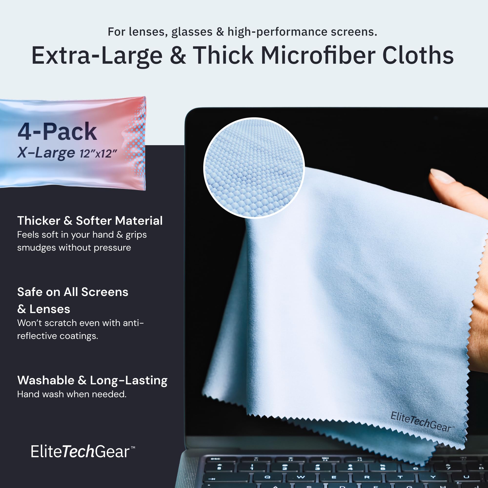 Blue microfiber cleaning cloth for eyeglasses and screens in use