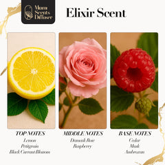 Close-up of Elixir Scent bottle label showing premium packaging