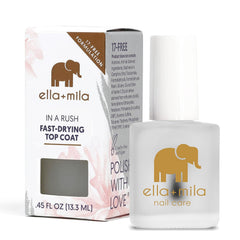 ella+mila fast-dry top coat bottle shows clear gloss and long wear.