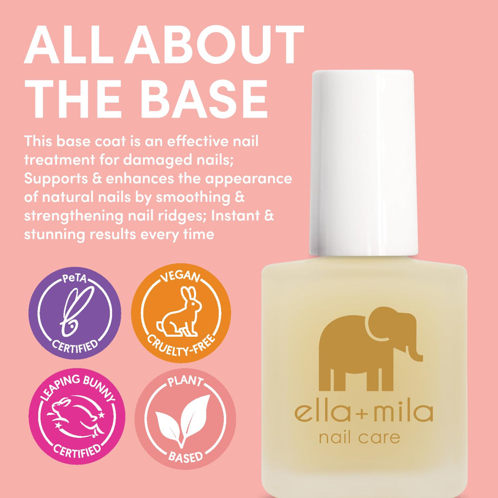 Ella Mila Clear Base Coat swatch shows transparent nail prep.