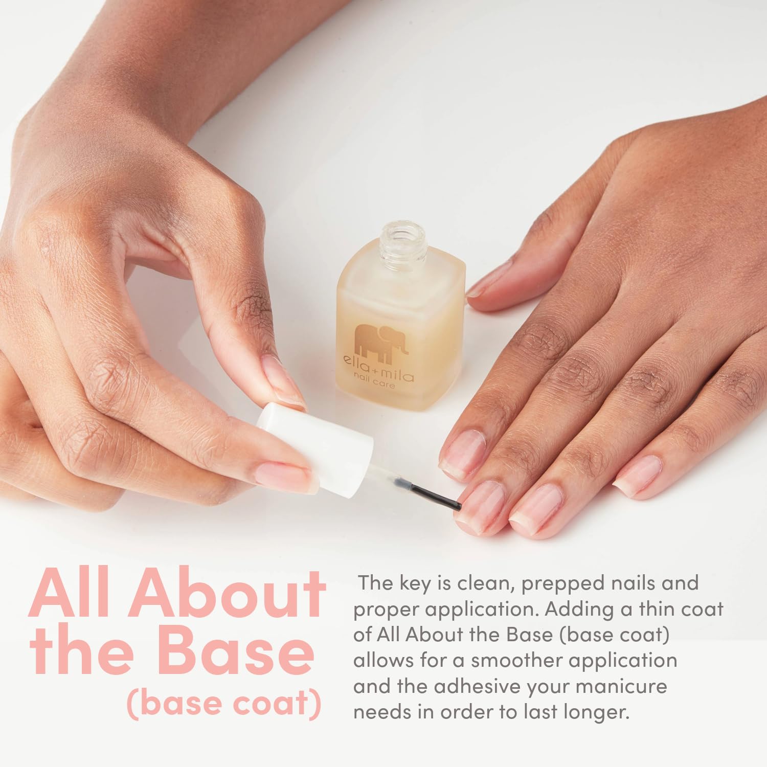 Ella Mila Base Coat features self-leveling formula for even coverage.