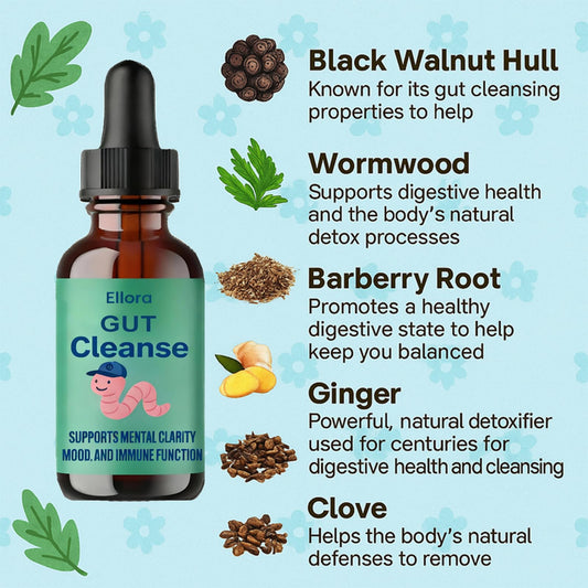 Dropper applying dose beside Ellora Gut Cleanse Drops bottle