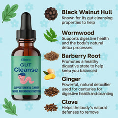 Dropper applying dose beside Ellora Gut Cleanse Drops bottle