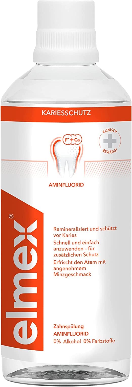 Angled view of Elmex Anti-Cavity Mouthwash 400ml bottle