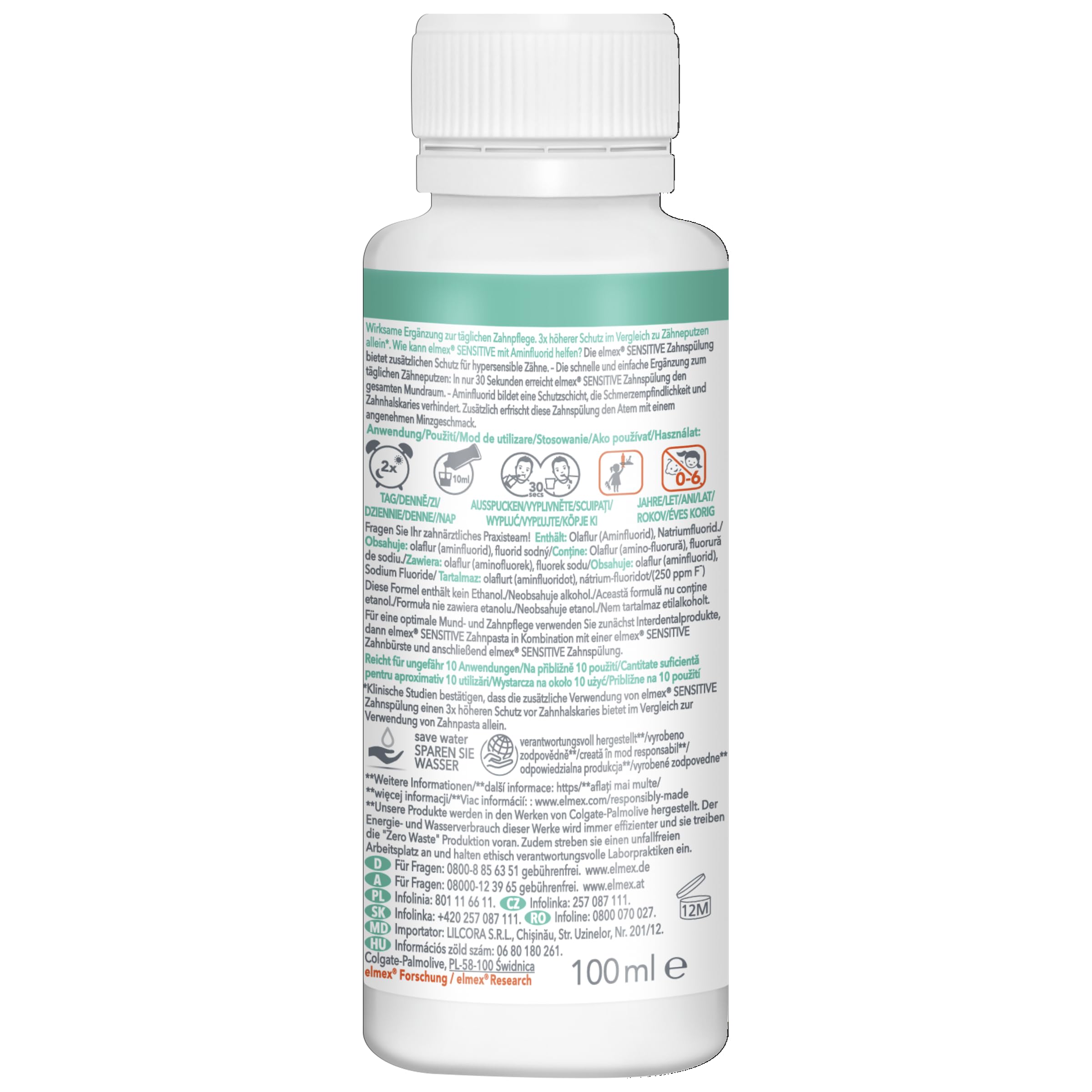 Front view of Elmex Sensitive Mouthwash pack (3 x 100 ml, 3.4 oz per bottle)