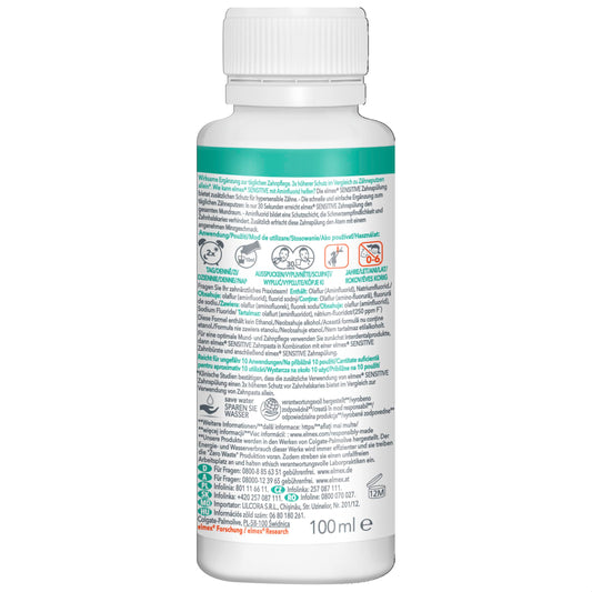 Front view of Elmex Sensitive Mouthwash pack (3 x 100 ml, 3.4 oz per bottle)