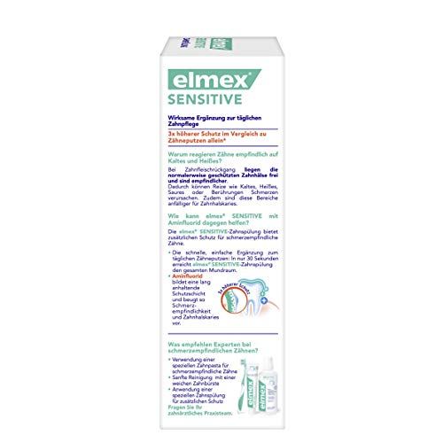 Elmex Sensitive Mouthwash label highlighting amine fluoride