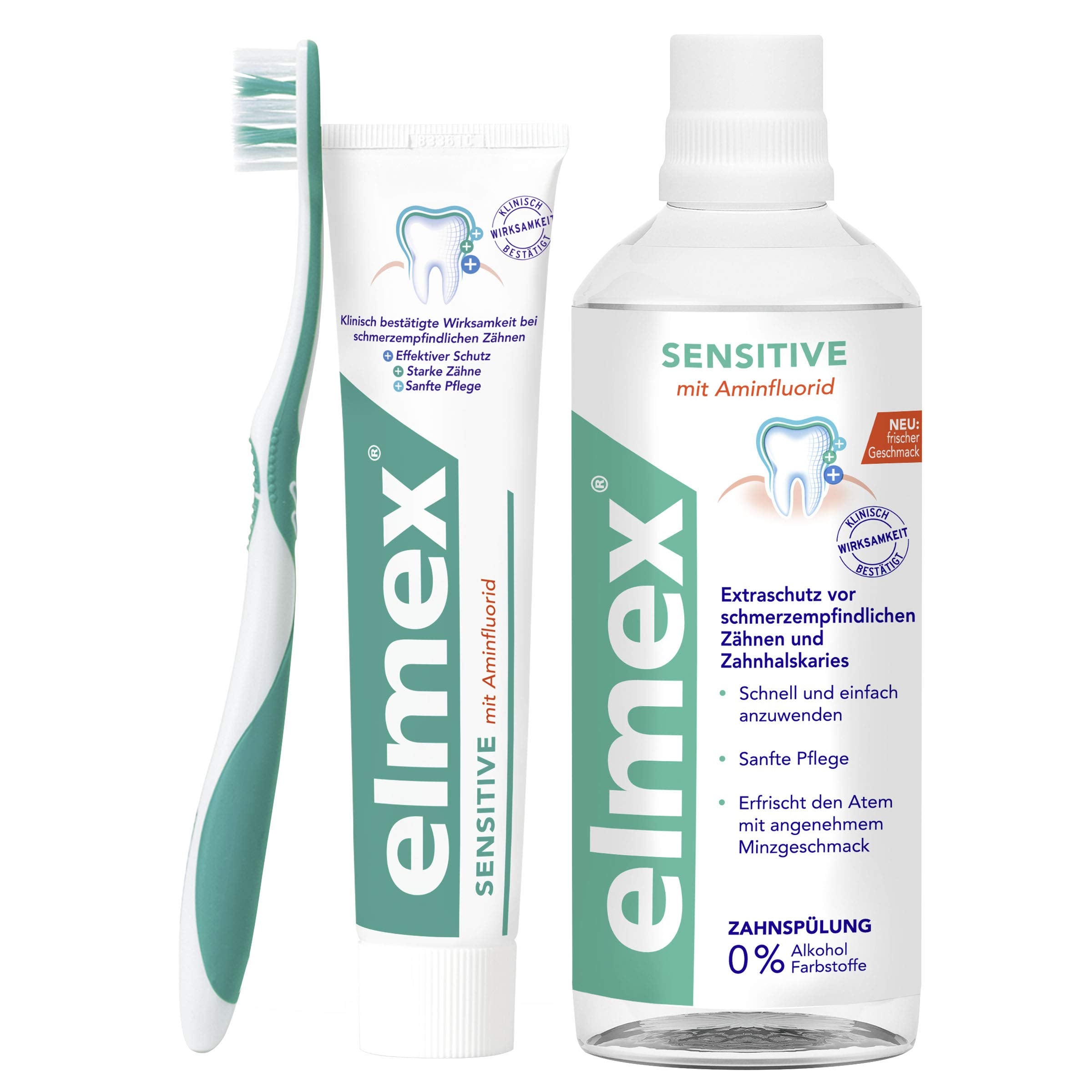 Overall view showing the Elmex Sensitive Mouthwash 3 x 100 ml set