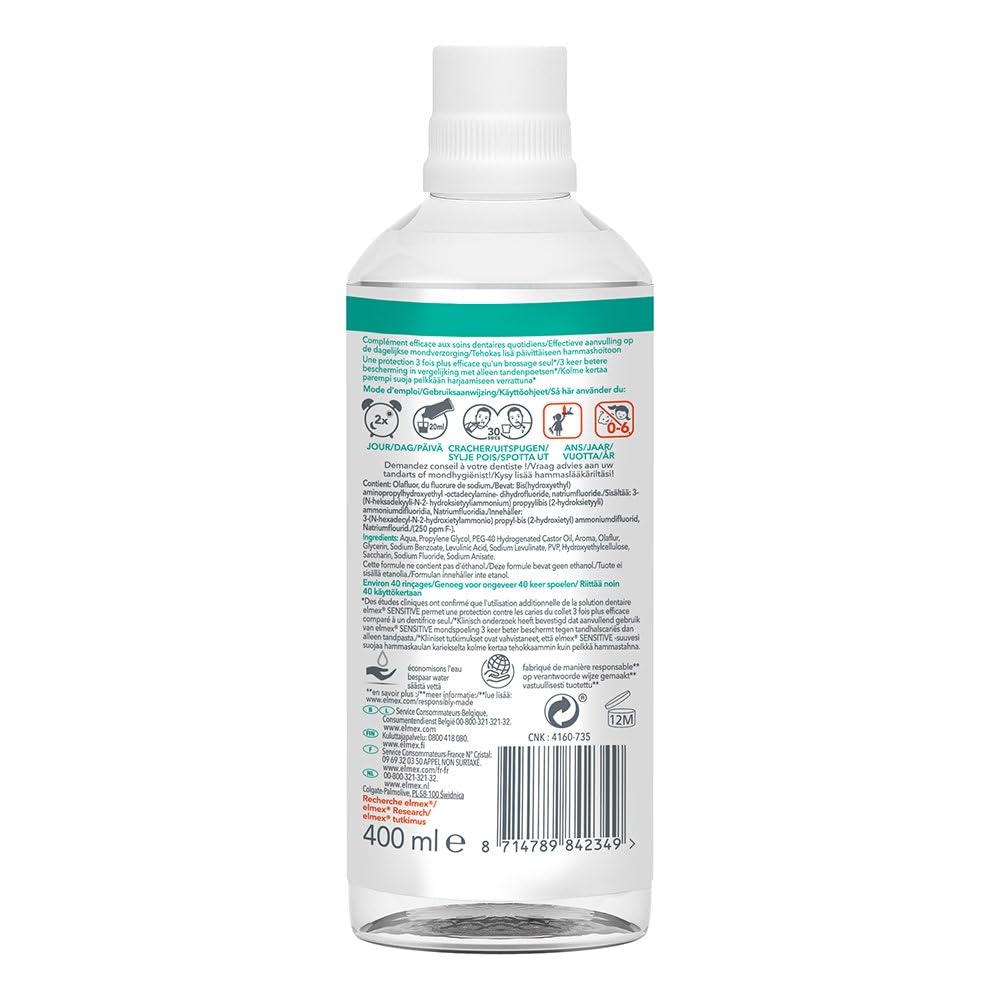 Elmex Sensitive Dental Solution 400ml bottle - back/label view