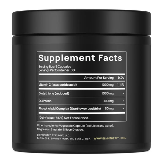 Ingredient panel showing glutathione, vitamin C, and quercetin