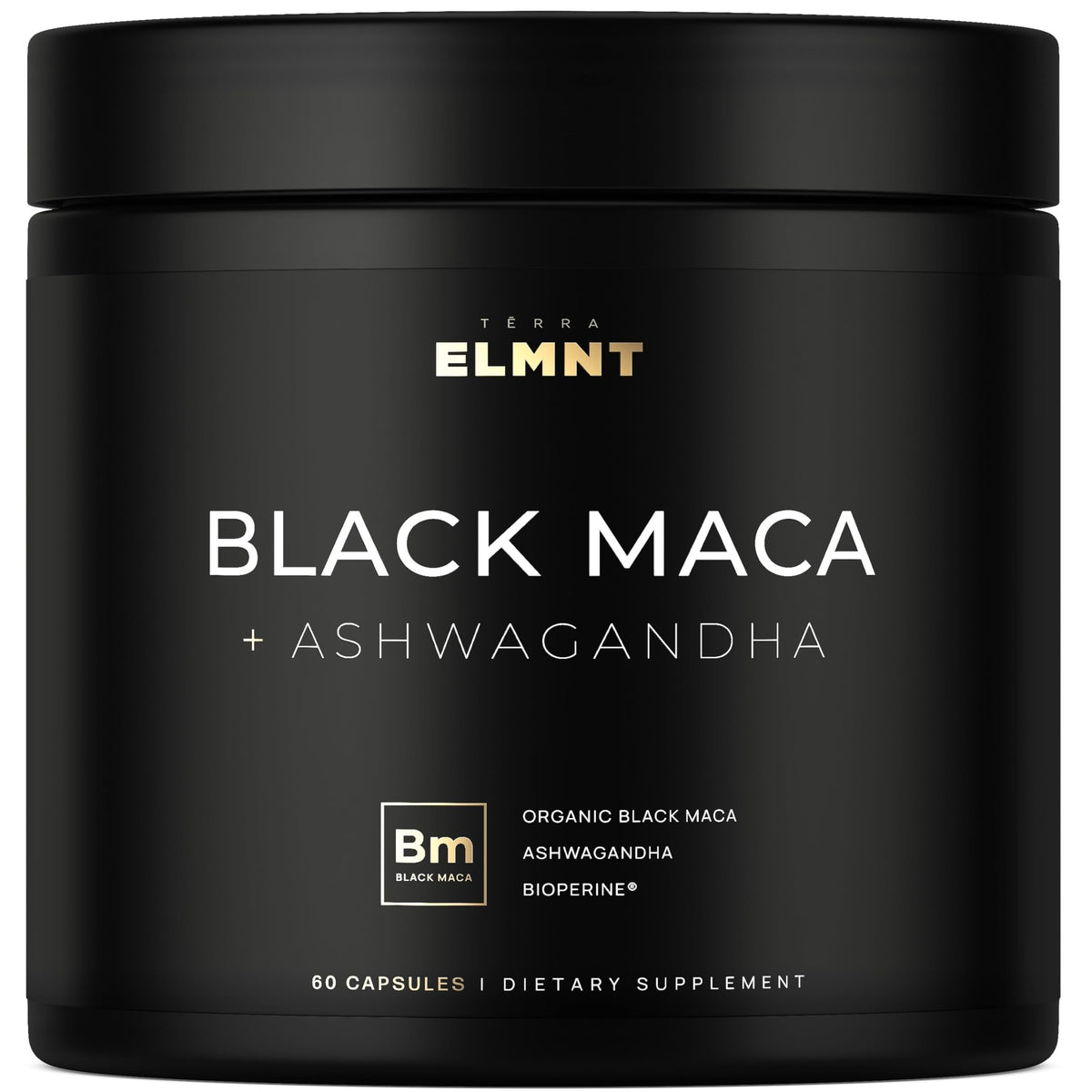 Front label of ELMNT Black Maca 40:1 with Ashwagandha capsules