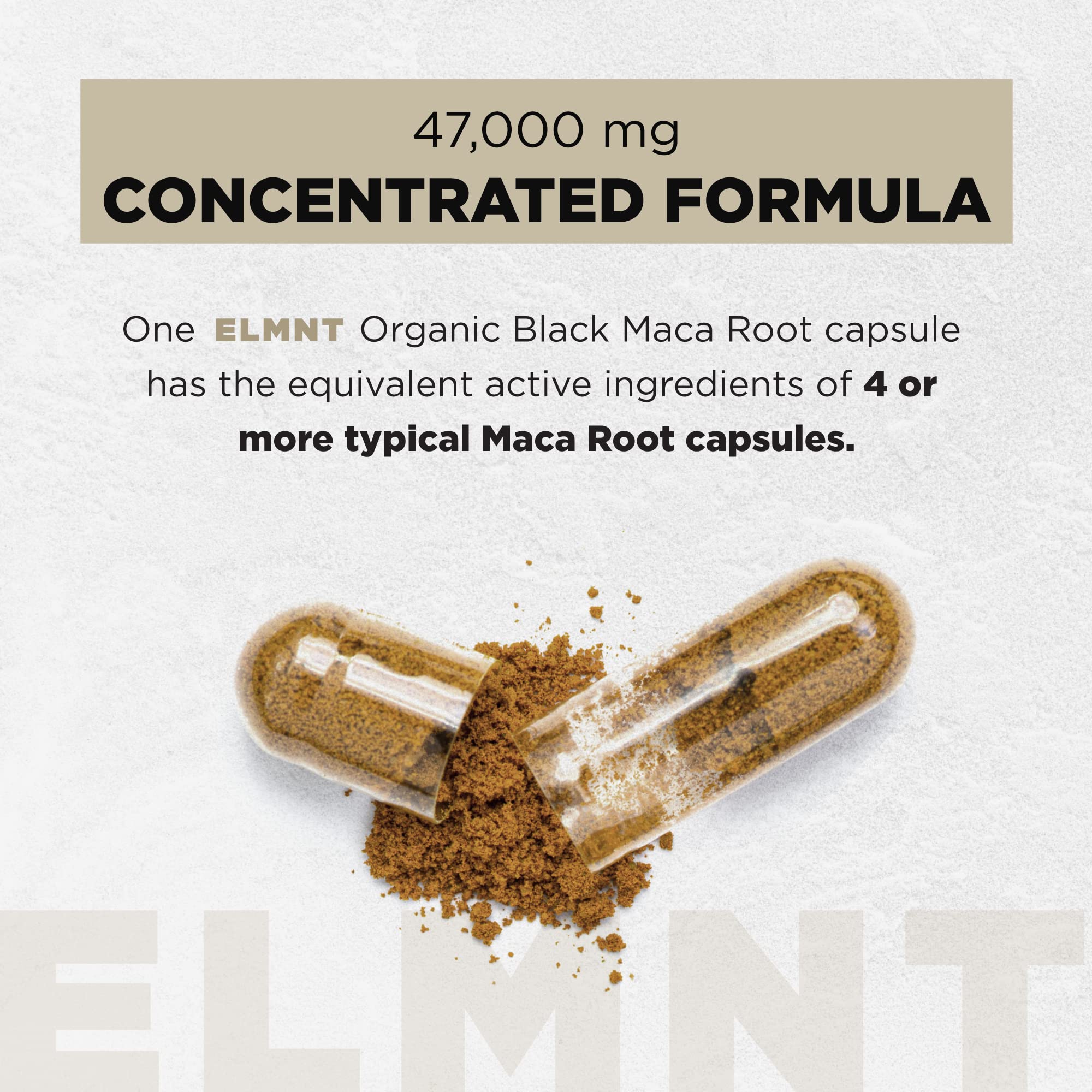 Close-up of ELMNT Black Maca 40:1 with Ashwagandha capsules