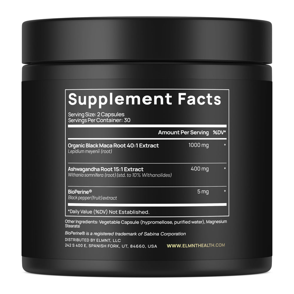Ingredients panel showing 40:1 Maca extract and Ashwagandha