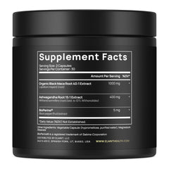 Ingredients panel showing 40:1 Maca extract and Ashwagandha