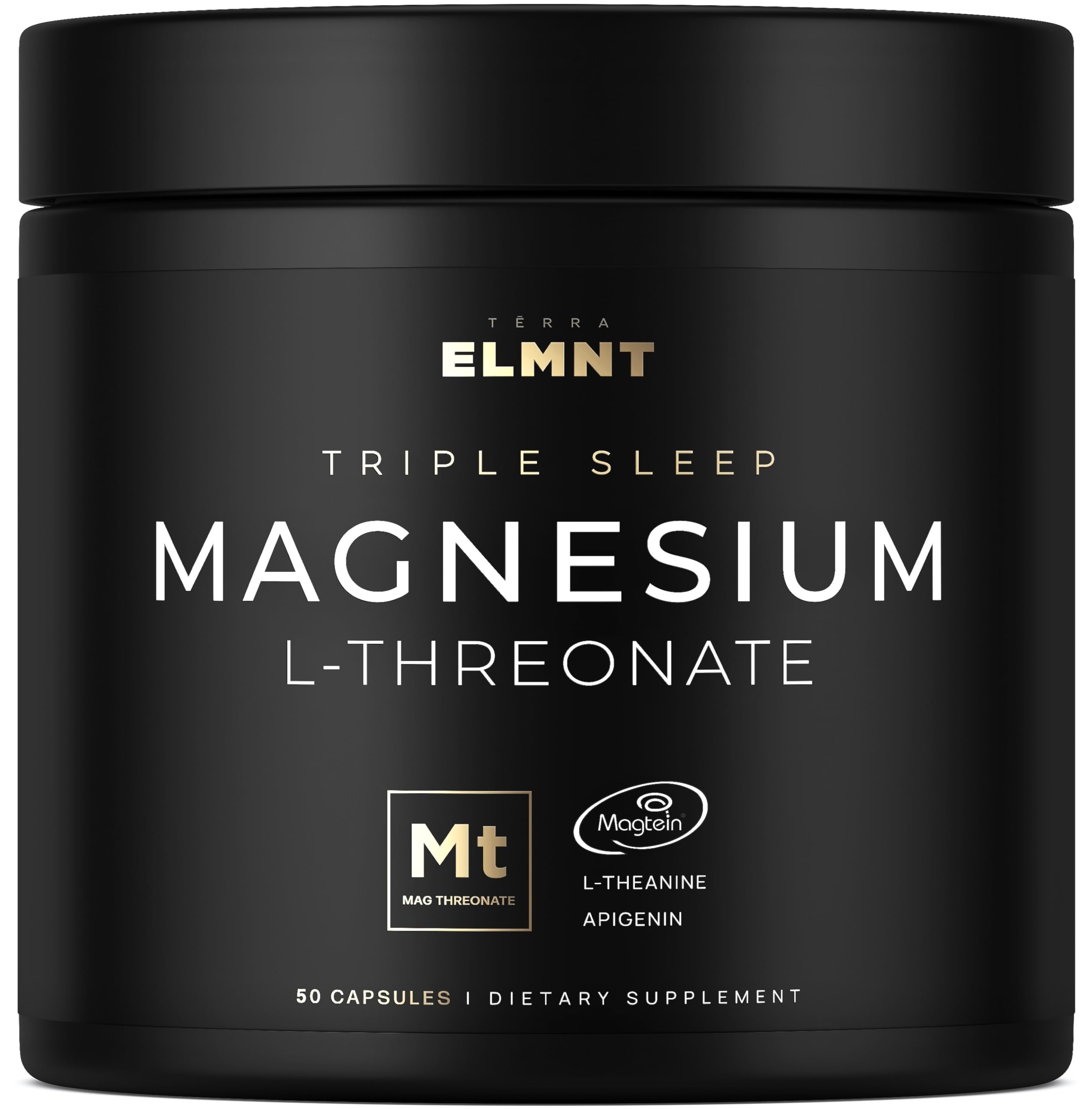 ELMNT Triple Sleep Magnesium Threonate bottle showing Magtein 1000mg, L-Theanine 200mg, Apigenin 50mg