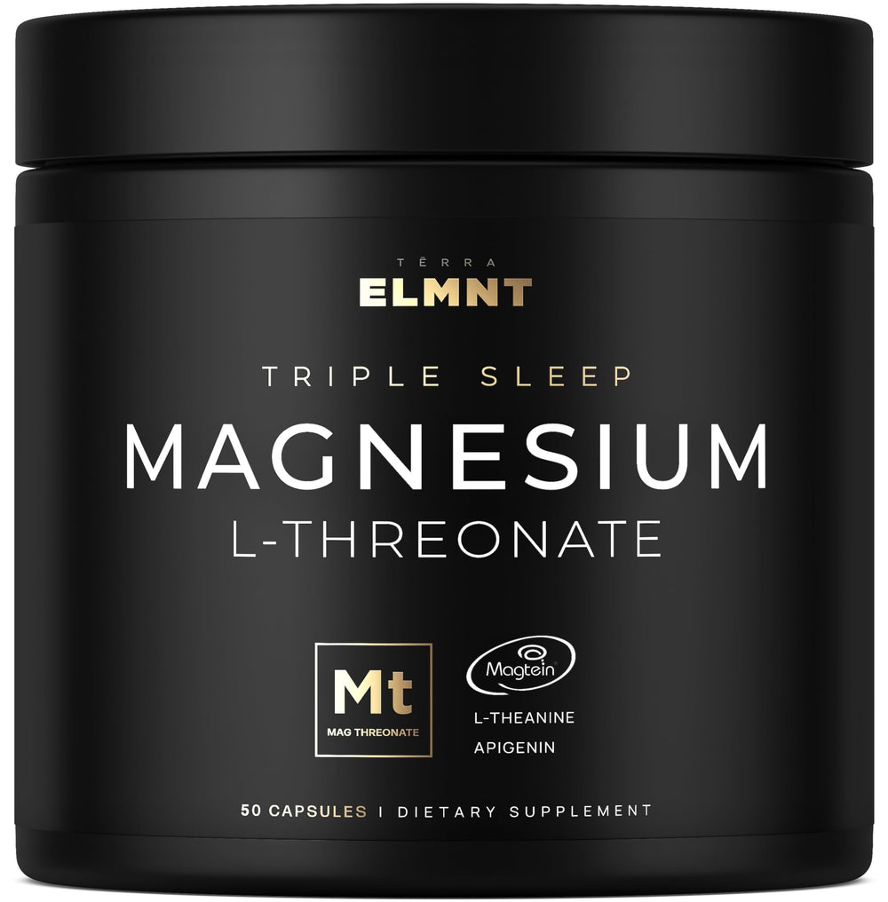 ELMNT Triple Sleep Magnesium Threonate bottle showing Magtein 1000mg, L-Theanine 200mg, Apigenin 50mg