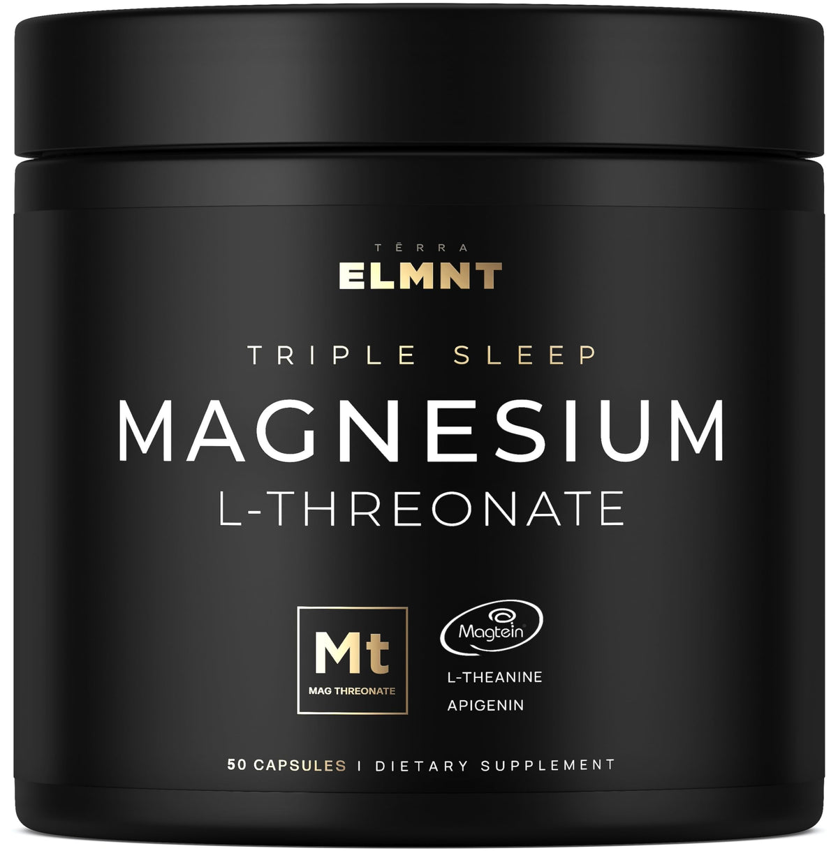 ELMNT Triple Sleep Magnesium Threonate bottle showing Magtein 1000mg, L-Theanine 200mg, Apigenin 50mg
