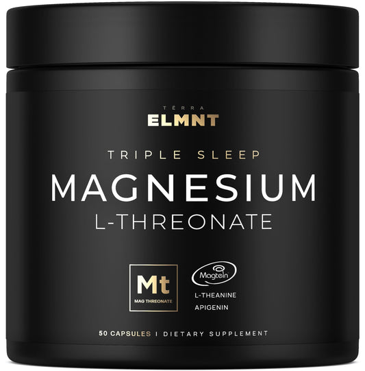 ELMNT Triple Sleep Magnesium Threonate bottle showing Magtein 1000mg, L-Theanine 200mg, Apigenin 50mg
